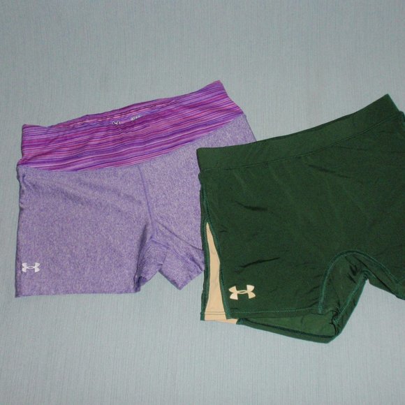 Lot of 2 Under Armour Shorts Tight Bike Purple Green S - Picture 1 of 10